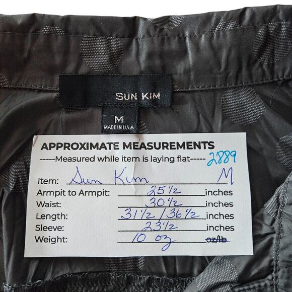 Sun Kim Womens Tunic Blouse M Grey Pleated Polka Dot Button Down Artsy Boho Chic - Picture 12 of 13